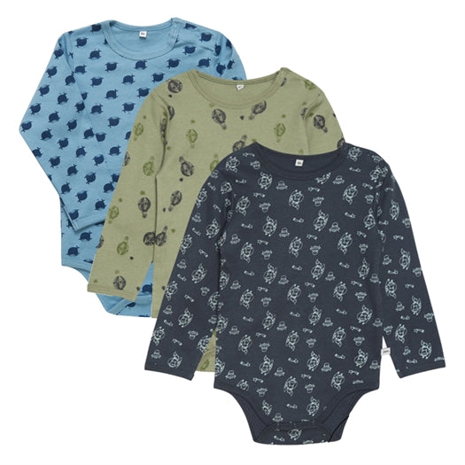 3 STK bodyer med lange ærmer - Blå/Grøn STR 74