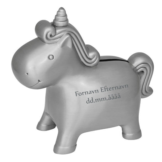 Sparebøsse Enhjørning MED NAVN & DATO Fortinnet