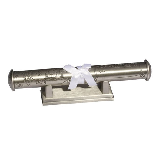 Dåbsrør på fod MED NAVN, KIRKE & DATO Fortinnet