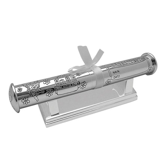 Dåbsrør på fod MED NAVN, KIRKE & DATO Forkromet