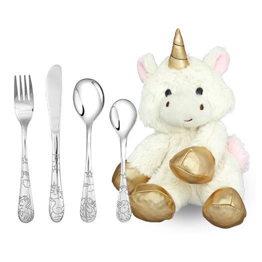 Børnebestik Enhjørning med bamse - med eller uden navn og dato