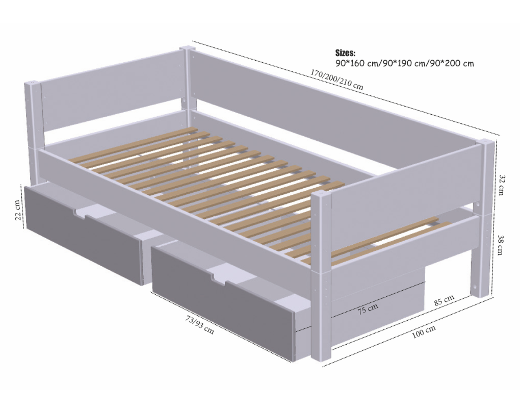 Sif Enkeltseng med skuffer - 160 cm