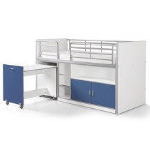 Halvhøj seng med udtræksskrivebord blå